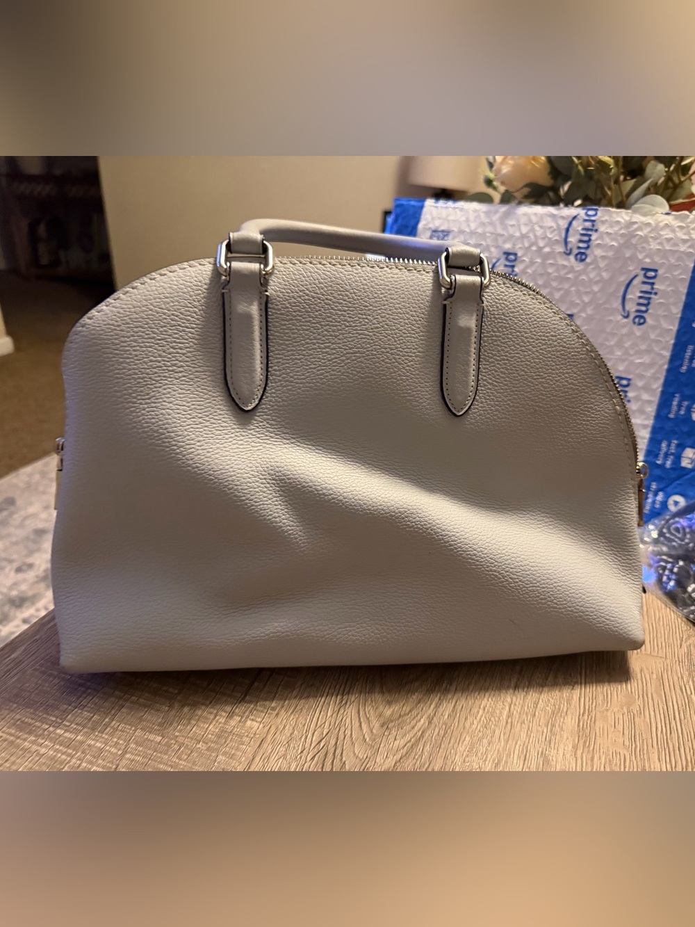 Coach White Pebbled Leather Satchel with Patterned Scarf Accent - Picture 2 of 6